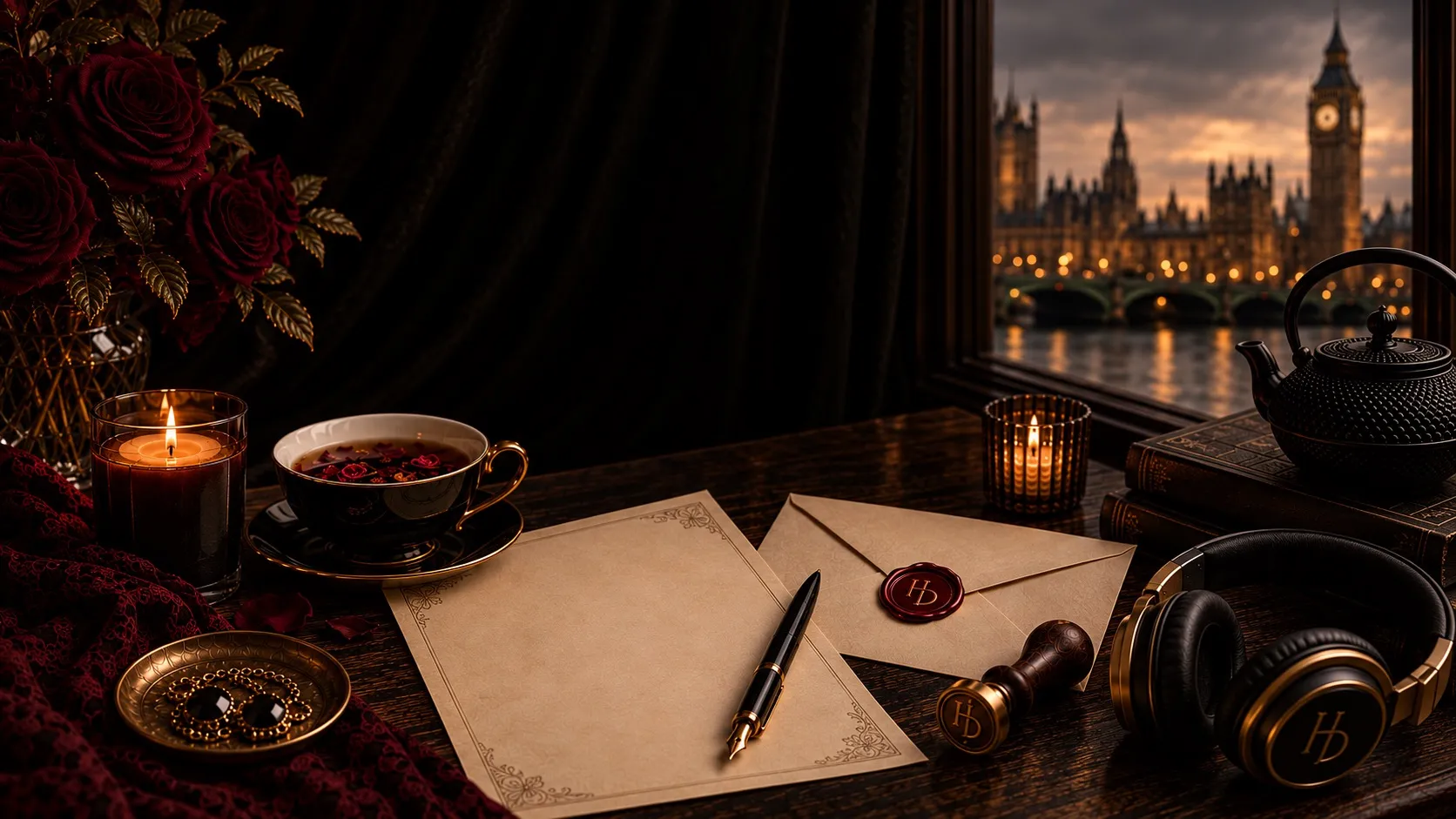 A handwritten letter with a wax seal by candlelight, Westminster at dusk beyond the window